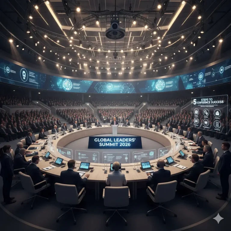 صميم قاعة مؤتمرات دولية فخمة بتجهيزات إضاءة وشاشات عرض حديثة من تنظيم آدم إيفنتس.